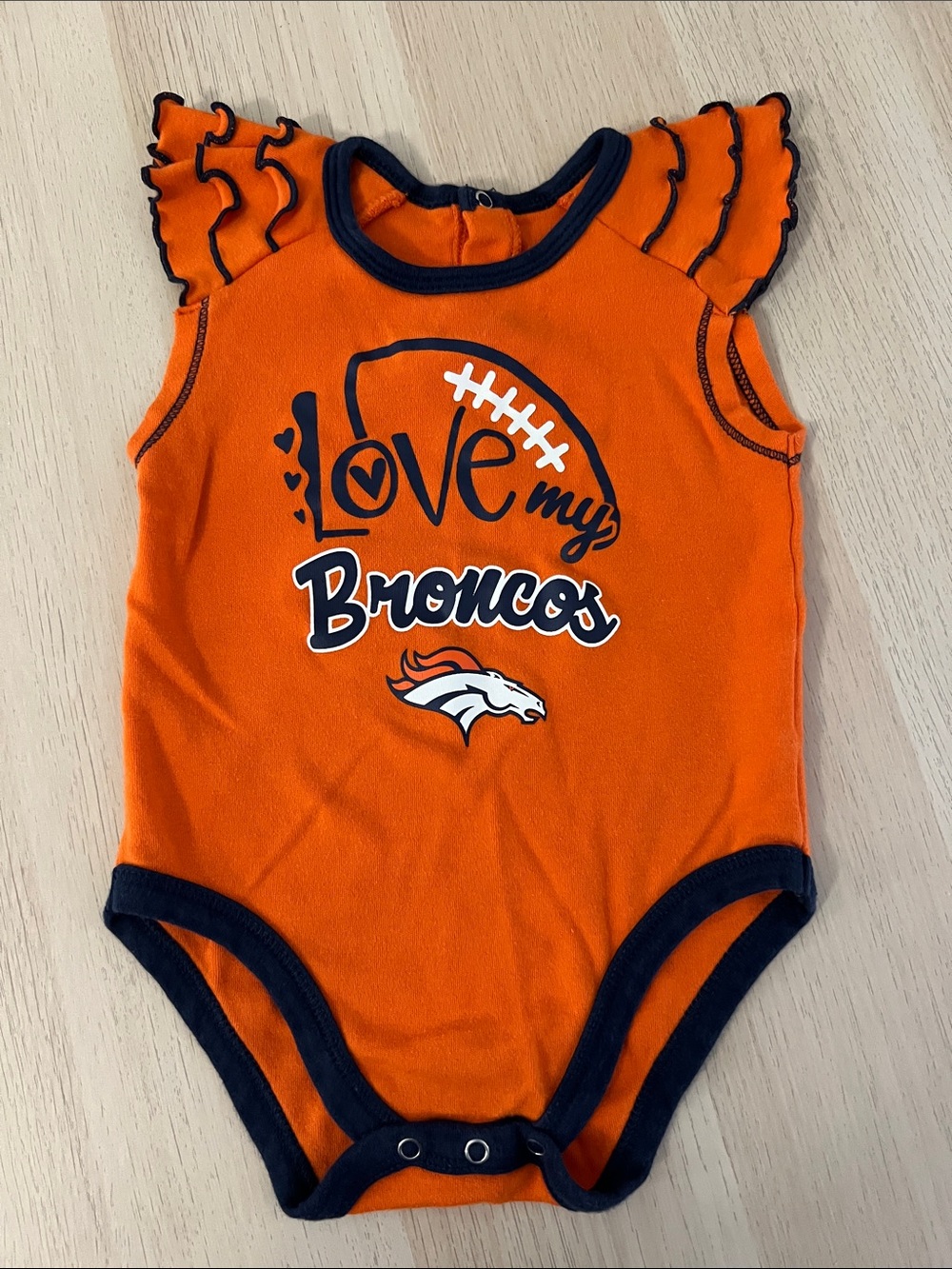 12 mo girls NFL Orange and Navy Denver Broncos Ruffle Sleeve Bodysuit Onsie